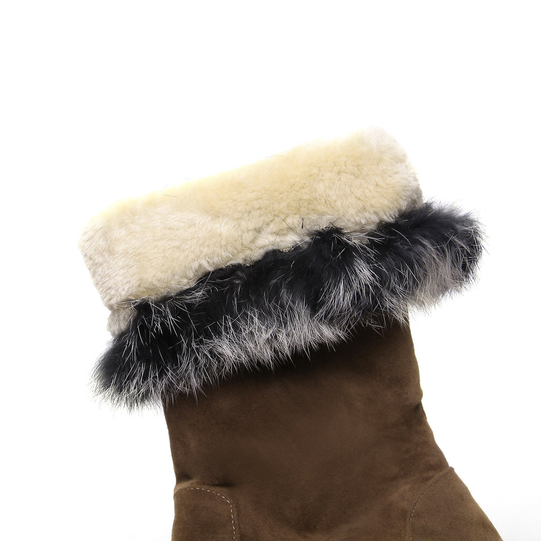 Furry mid calf snow boots faux suede boots with fuzzy trim