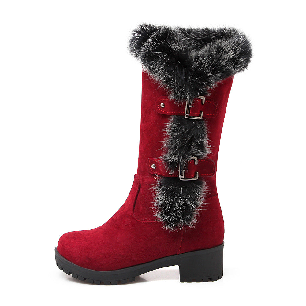 Furry mid calf snow boots faux suede boots with fuzzy trim
