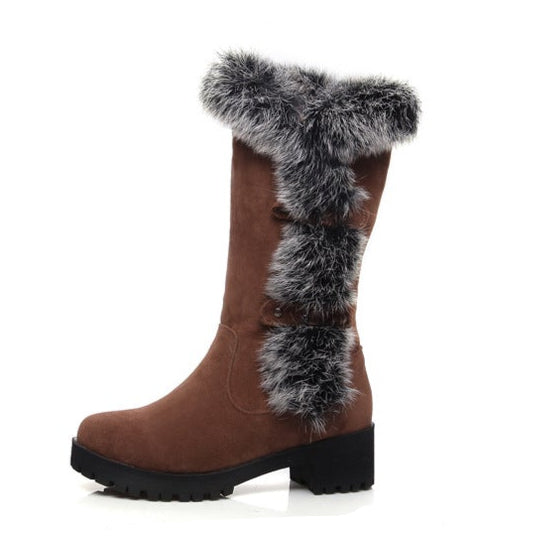 Furry mid calf snow boots faux suede boots with fuzzy trim