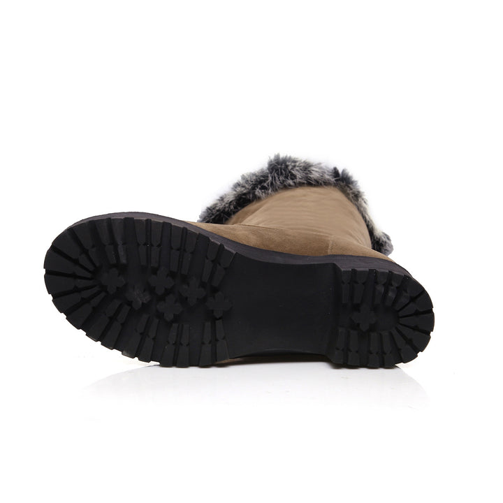 Furry mid calf snow boots faux suede boots with fuzzy trim