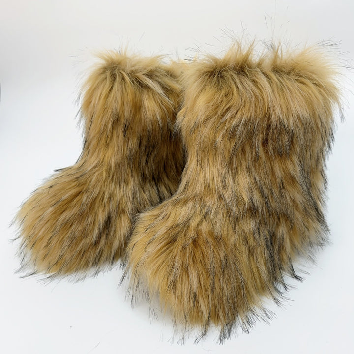brown Furry warm faux fur winter mid calf snow boots