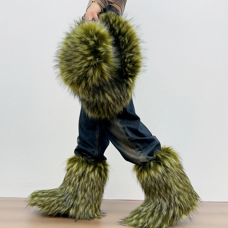 Furry warm faux fur winter mid calf snow boots