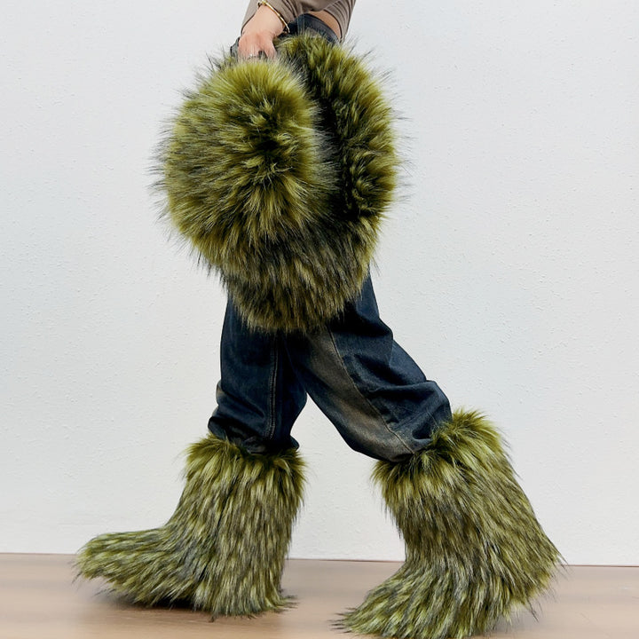Furry warm faux fur winter mid calf snow boots