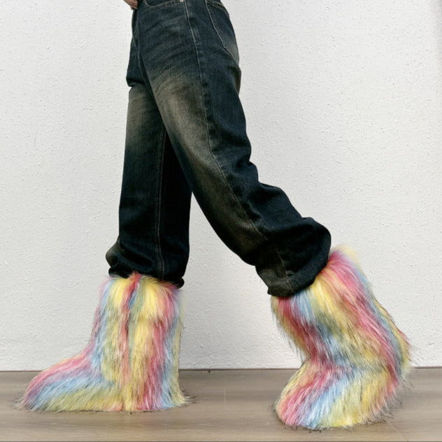 multicolor Furry warm faux fur winter mid calf snow boots