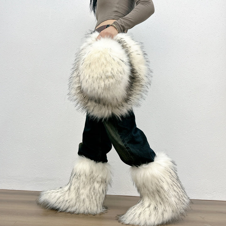 Furry warm faux fur winter mid calf snow boots