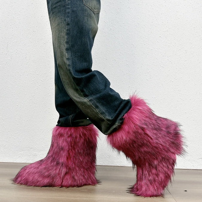 Rose red Furry warm faux fur winter mid calf snow boots