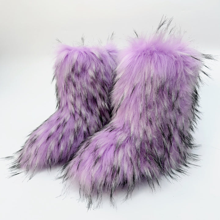 purple Furry warm faux fur winter mid calf snow boots