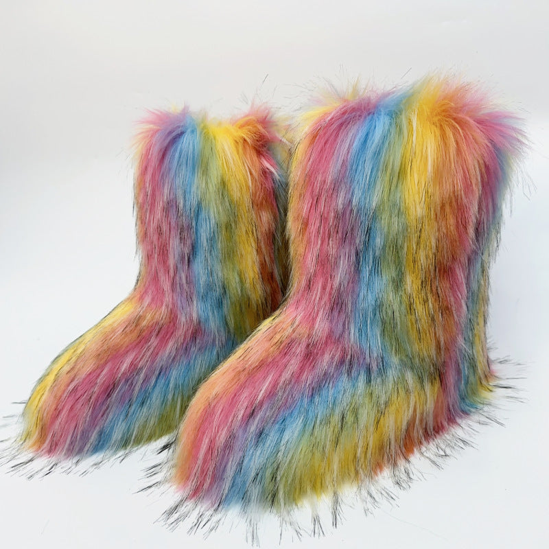multicolor Furry warm faux fur winter mid calf snow boots