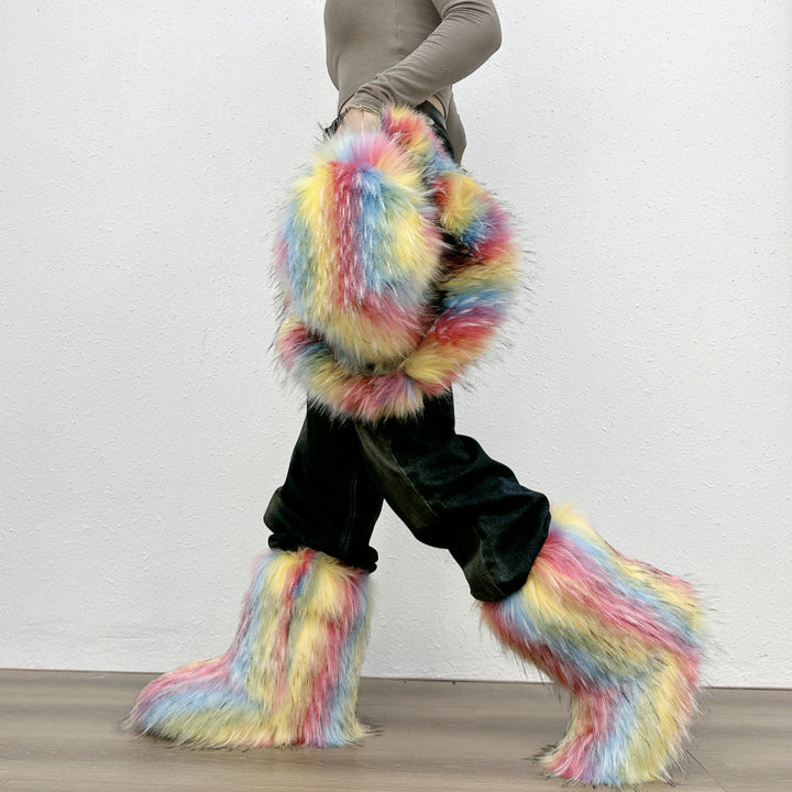 Furry warm faux fur winter mid calf snow boots