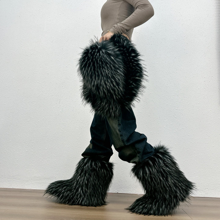 Furry warm faux fur winter mid calf snow boots