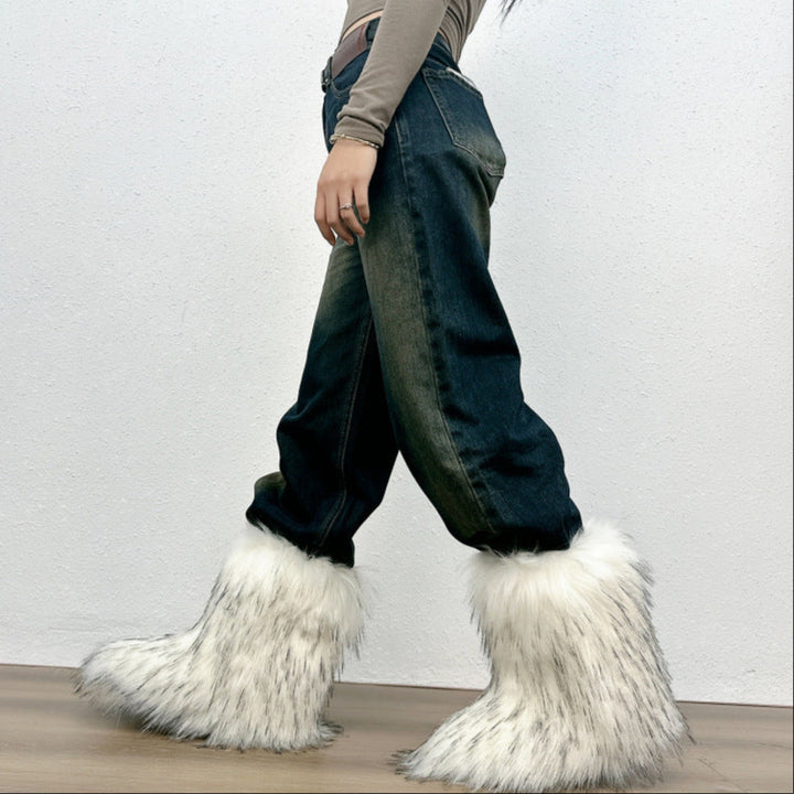 white Furry warm faux fur winter mid calf snow boots