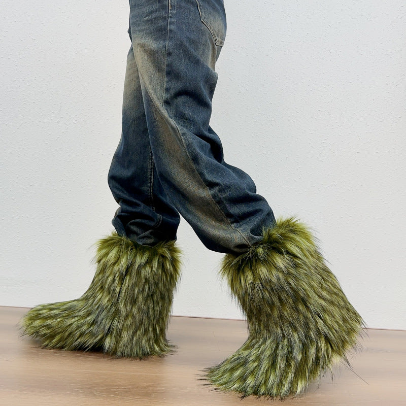 army green Furry warm faux fur winter mid calf snow boots