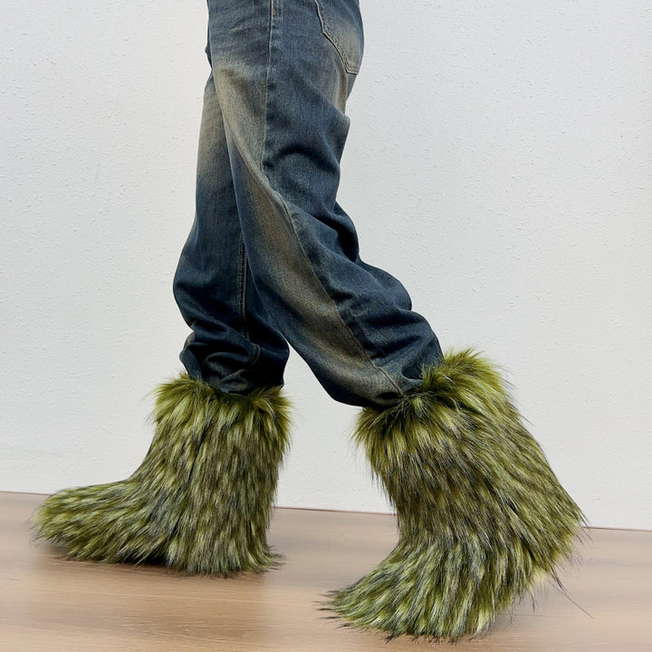 army green Furry warm faux fur winter mid calf snow boots