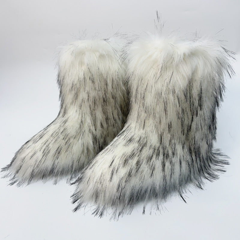 white Furry warm faux fur winter mid calf snow boots