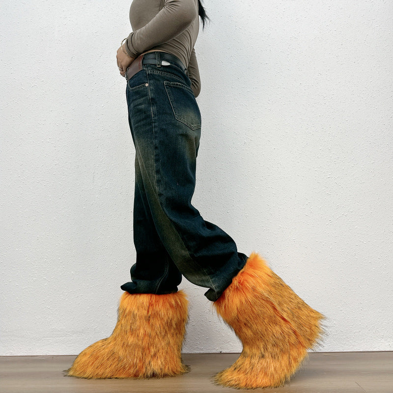 orange Furry warm faux fur winter mid calf snow boots
