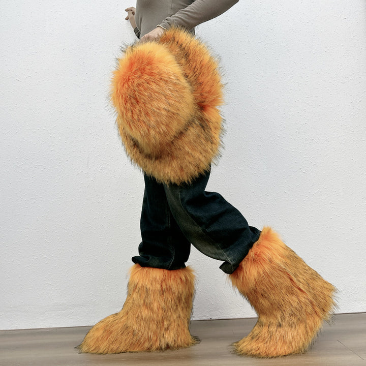 Furry warm faux fur winter mid calf snow boots