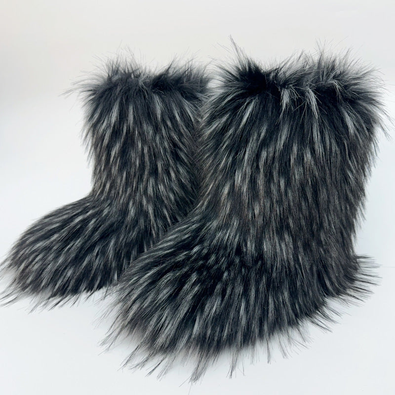 black Furry warm faux fur winter mid calf snow boots