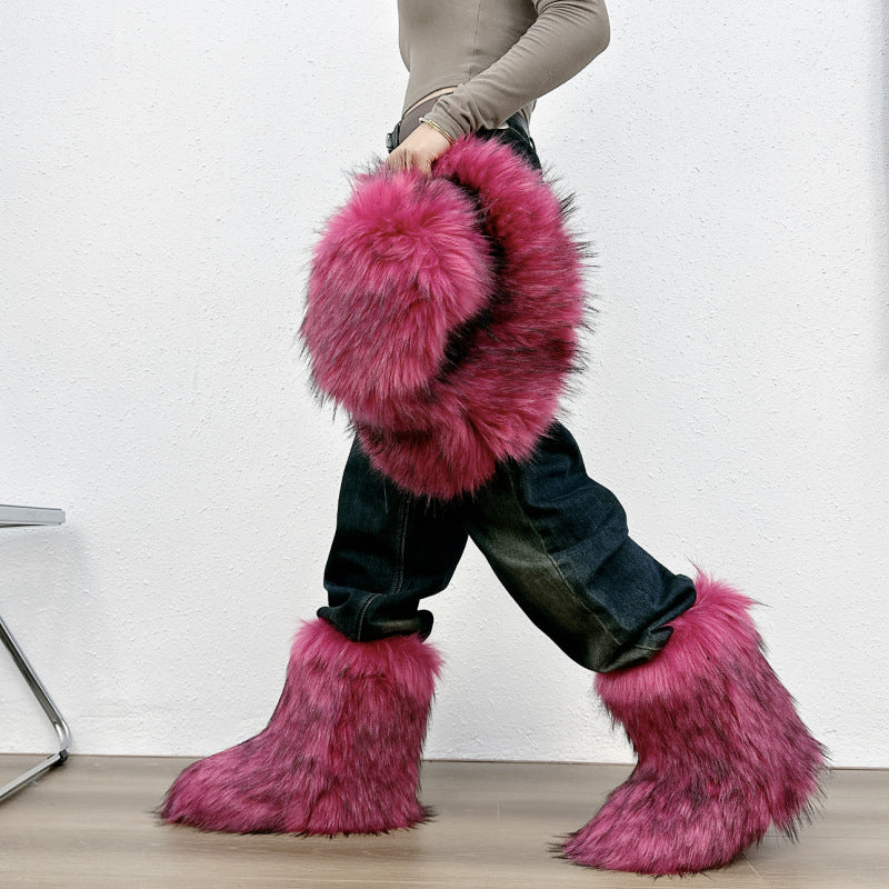 Furry warm faux fur winter mid calf snow boots