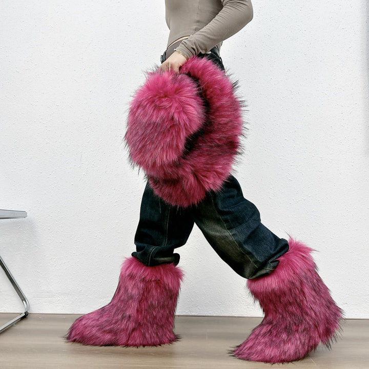 Furry warm faux fur winter mid calf snow boots