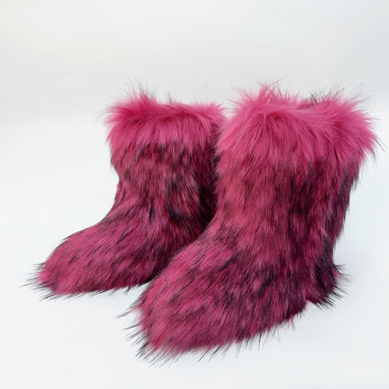 Rose red Furry warm faux fur winter mid calf snow boots