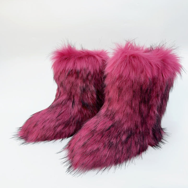 Rose red Furry warm faux fur winter mid calf snow boots
