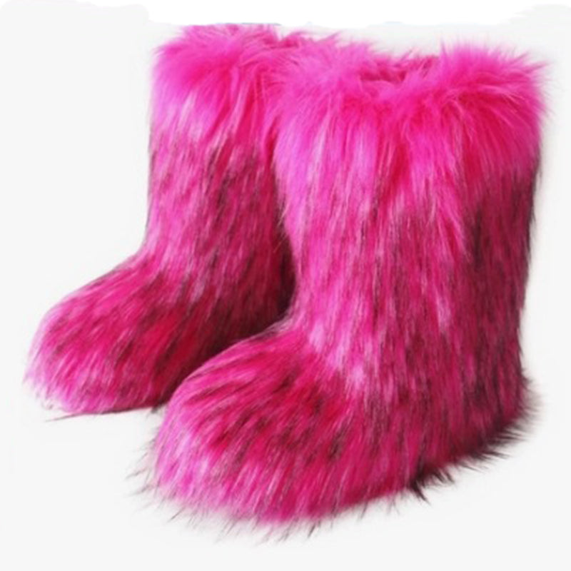 pink Furry warm faux fur winter mid calf snow boots