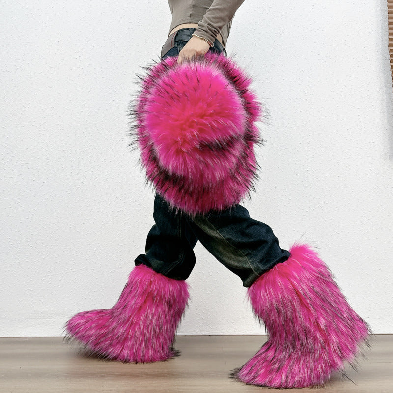 Furry warm faux fur winter mid calf snow boots