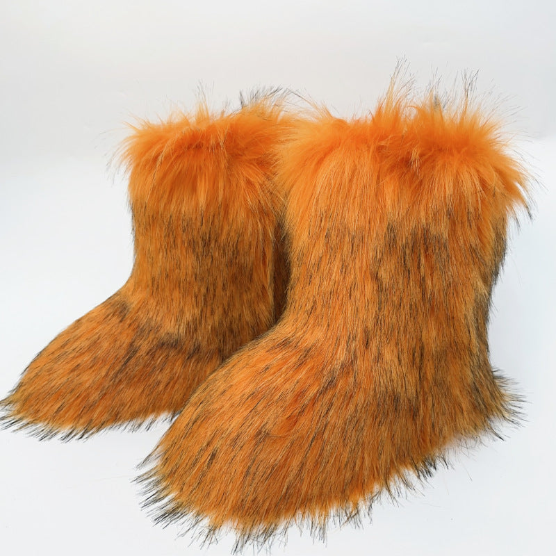 orange Furry warm faux fur winter mid calf snow boots