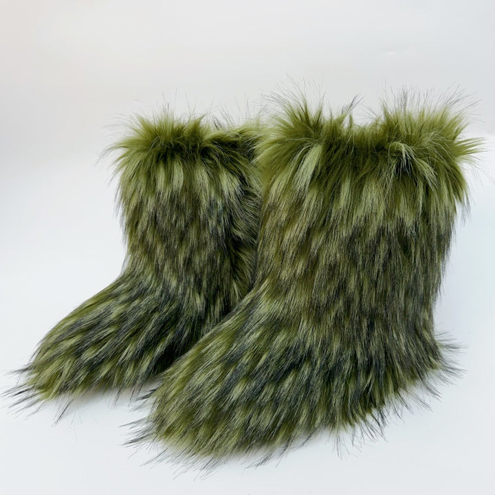 army green Furry warm faux fur winter mid calf snow boots