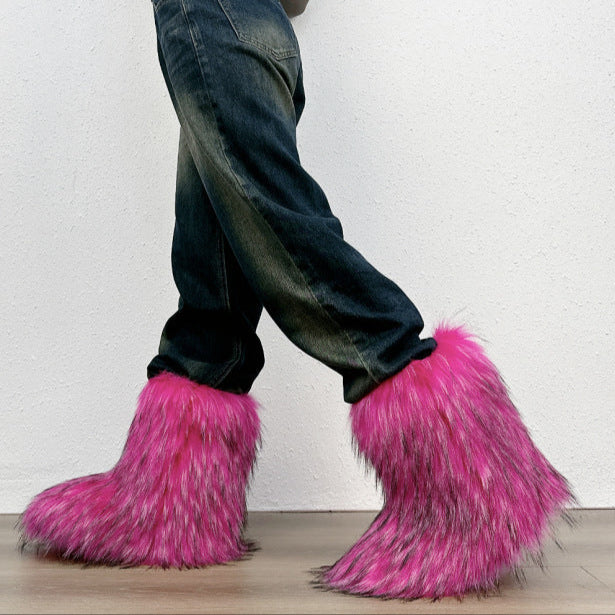 pink Furry warm faux fur winter mid calf snow boots