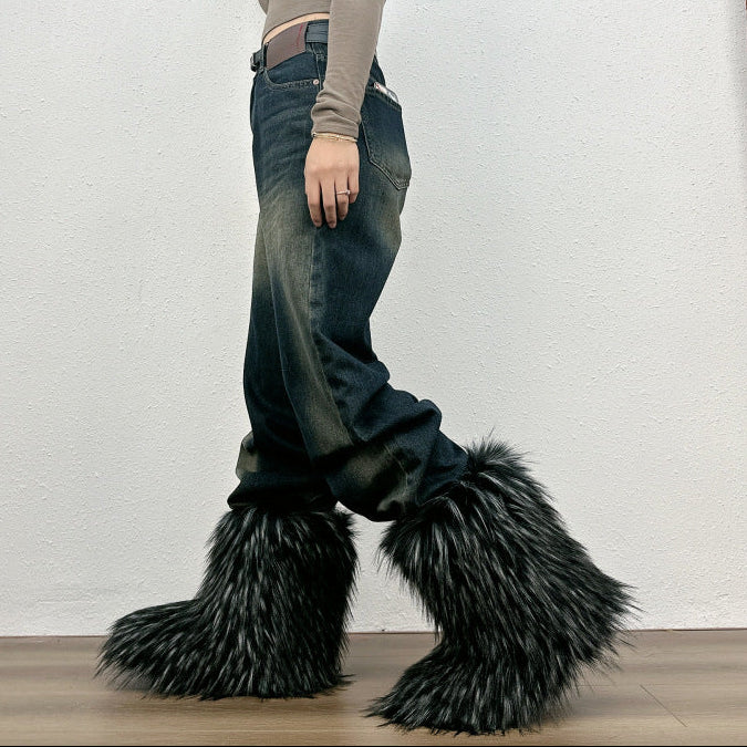 black Furry warm faux fur winter mid calf snow boots