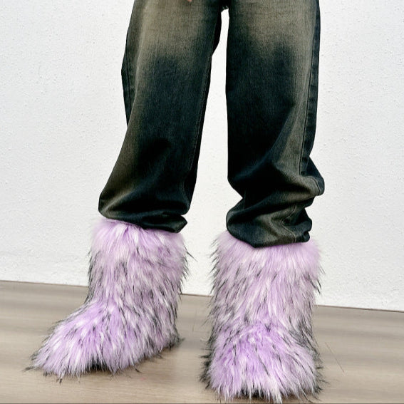 purple Furry warm faux fur winter mid calf snow boots
