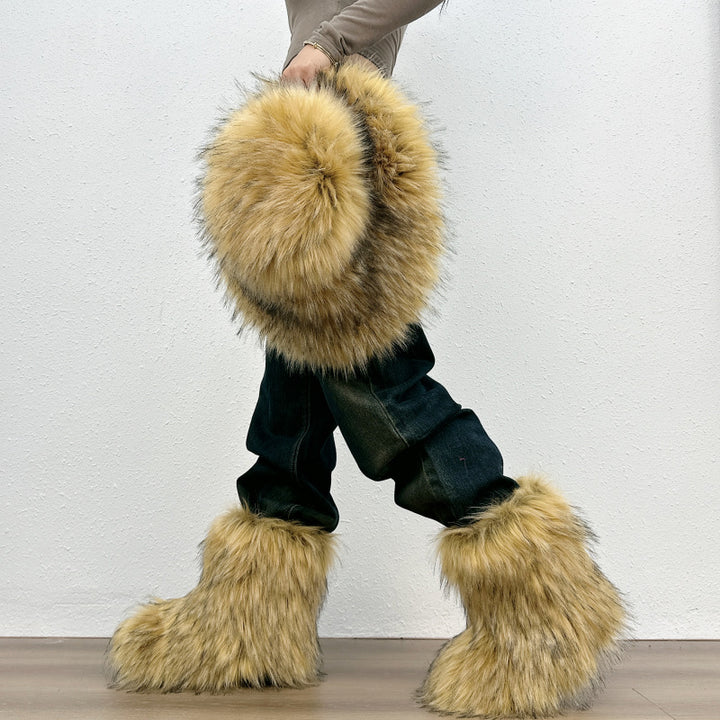Furry warm faux fur winter mid calf snow boots