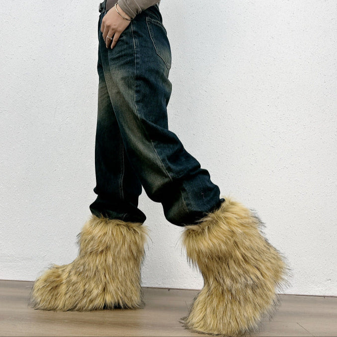 brown Furry warm faux fur winter mid calf snow boots