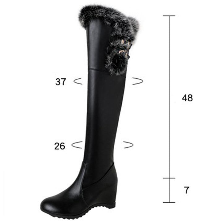 Fuzzy trim plush lining thigh boots with wedge heels