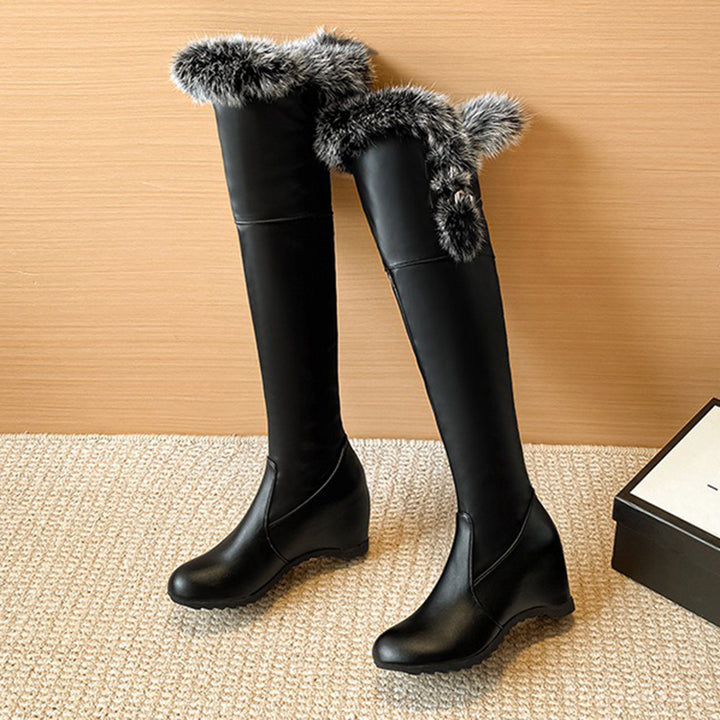 Fuzzy trim plush lining thigh boots with wedge heels