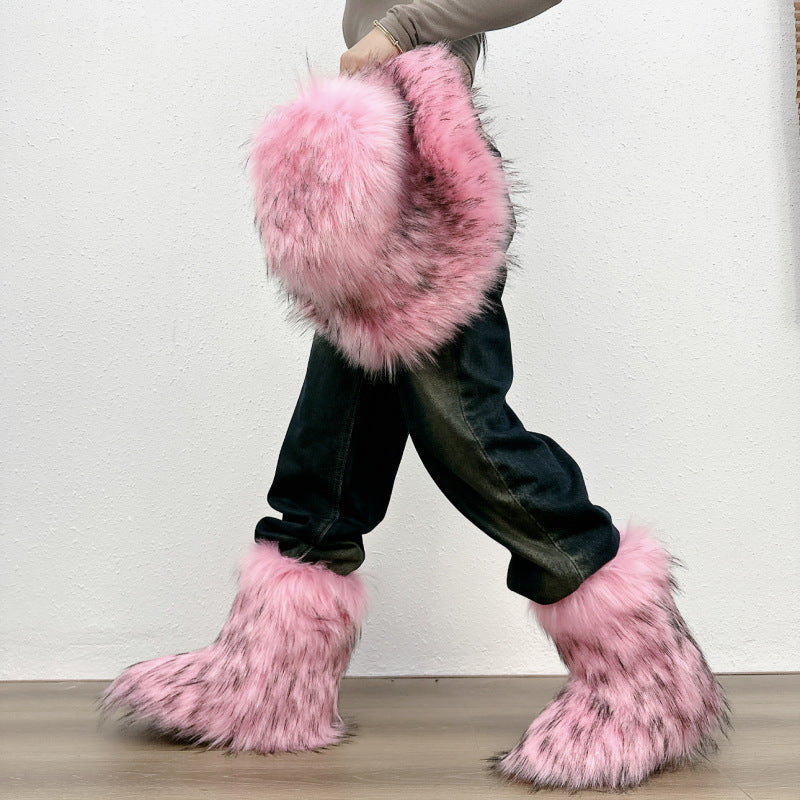 Fuzzy warm plush lined mid calf snow boots