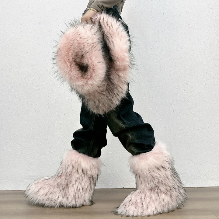 Fuzzy warm plush lined mid calf snow boots