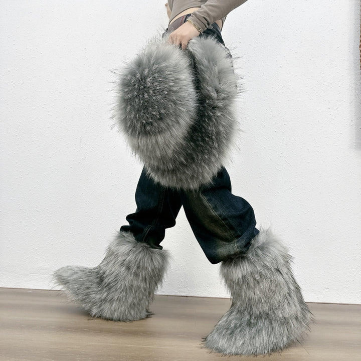 Fuzzy warm plush lined mid calf snow boots