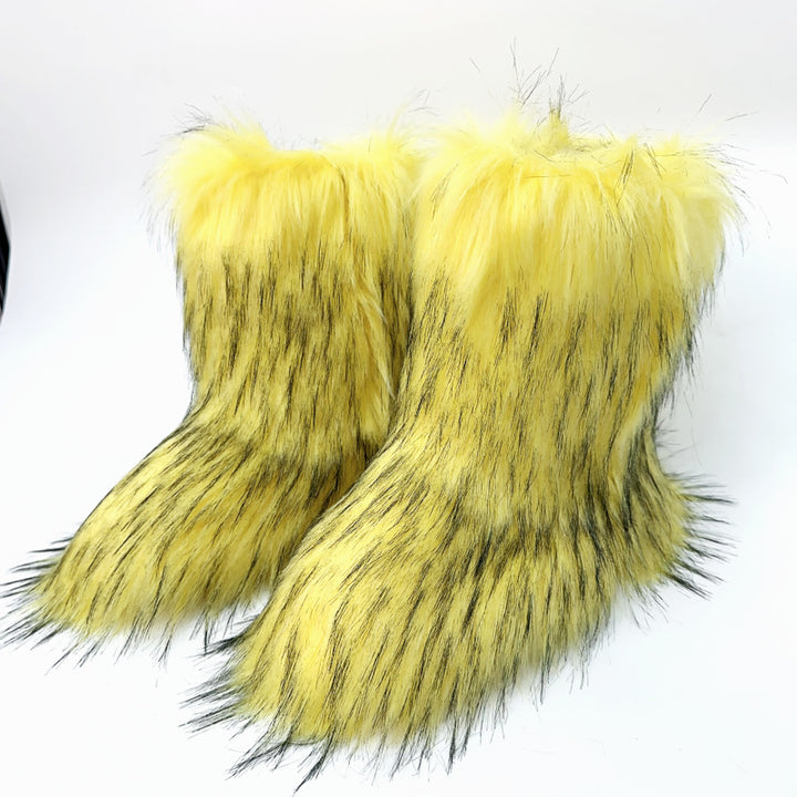 yellow Fuzzy warm plush lined mid calf snow boots