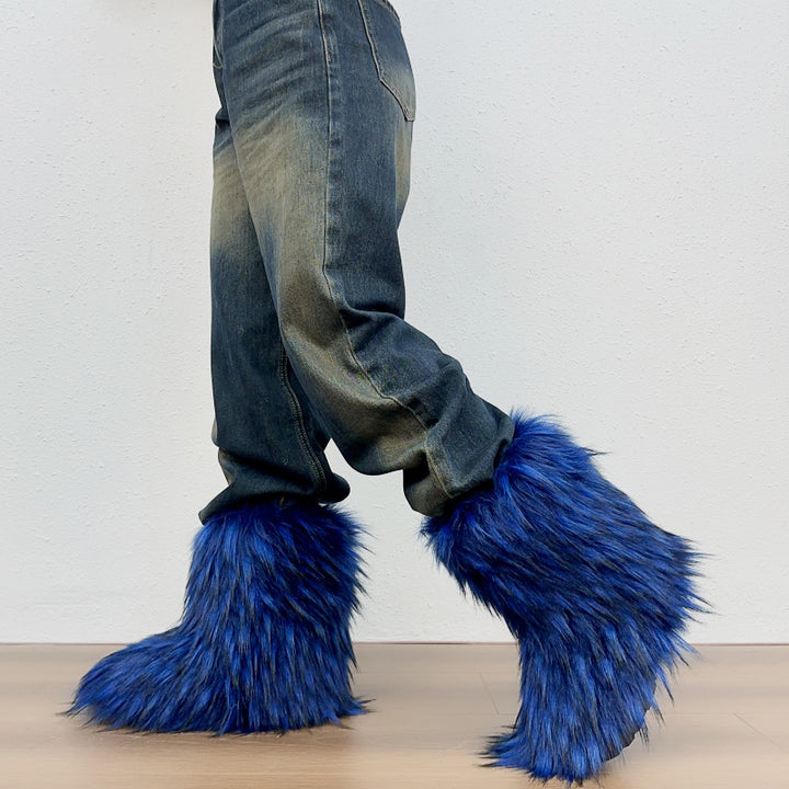 royal blue Fuzzy warm plush lined mid calf snow boots