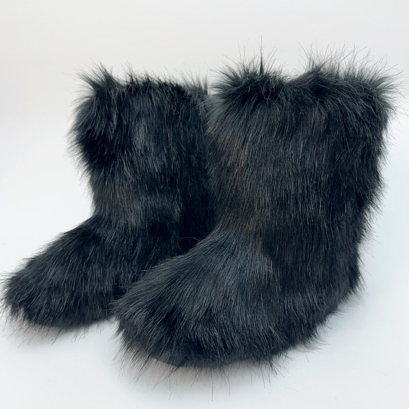 black Fuzzy warm plush lined mid calf snow boots