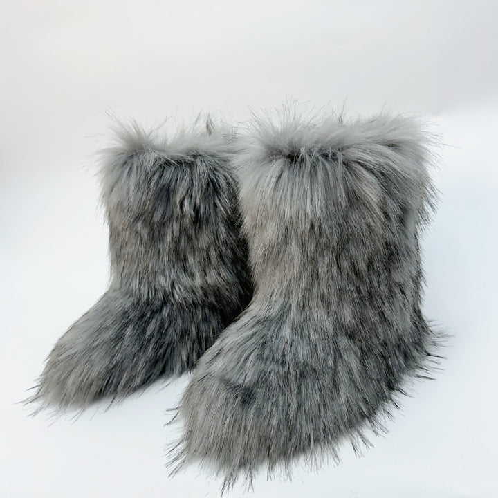 gray Fuzzy warm plush lined mid calf snow boots