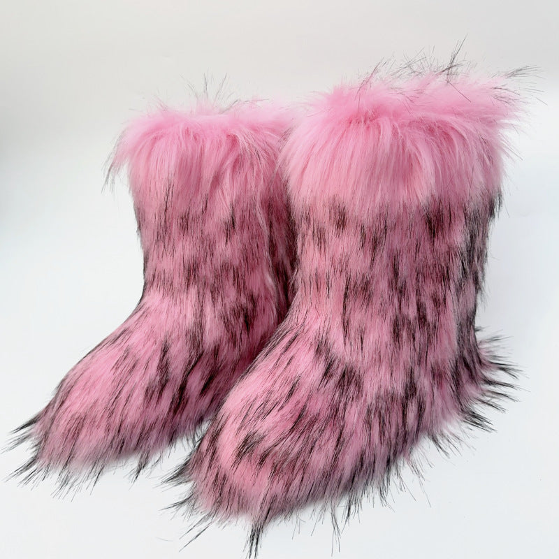 pink Fuzzy warm plush lined mid calf snow boots