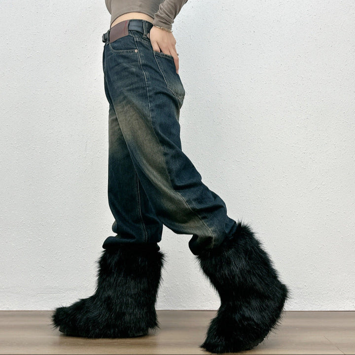black Fuzzy warm plush lined mid calf snow boots
