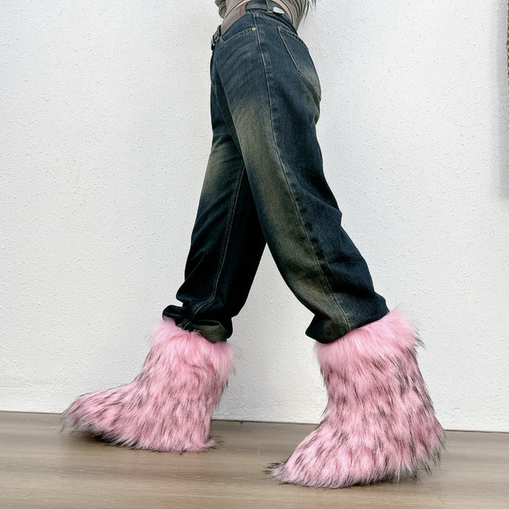pink Fuzzy warm plush lined mid calf snow boots