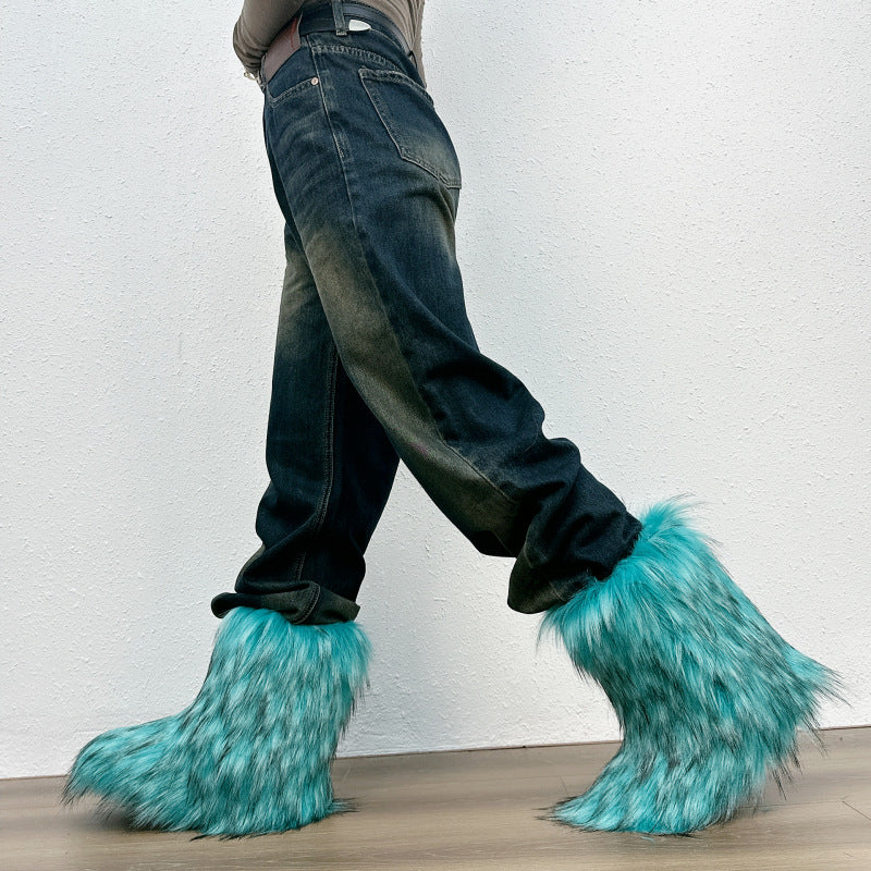 teal green Fuzzy warm plush lined mid calf snow boots
