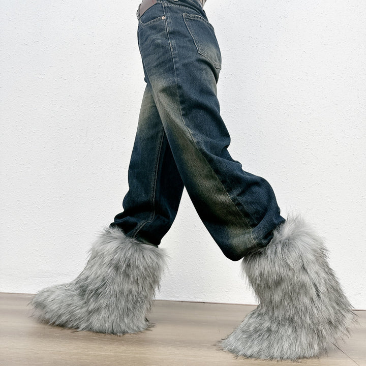 gray Fuzzy warm plush lined mid calf snow boots