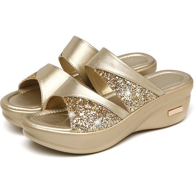 Glitter peep toe wedge heeled slides summer slippers