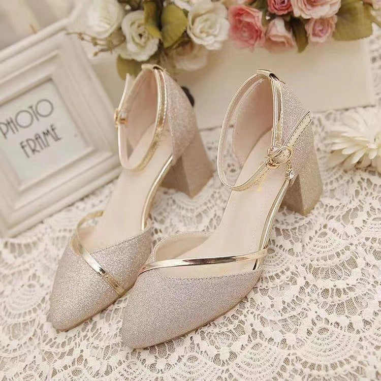 Glitter closed toe bridal sandals with ankle strap